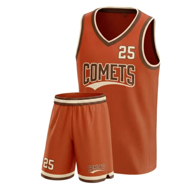 Custom basketball uniform - Comets twin hem bands design in burnt orange, jersey and matching shorts, design code CAP-BB-300