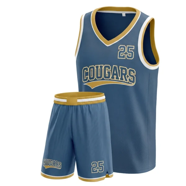 Custom basketball uniform - Cougars banded waist design in steel blue, jersey and matching shorts, design code CAP-BB-111