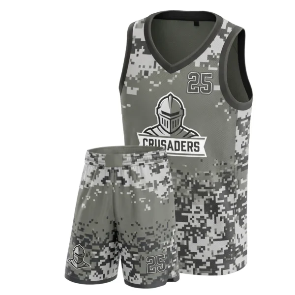 Custom basketball uniform - Crusaders greyscale pixel fade design in charcoal, jersey and matching shorts, design code CAP-BB-507