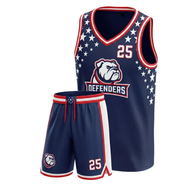Custom basketball uniform - Defenders star shoulder sweep design in navy, jersey and matching shorts, design code CAP-BB-607