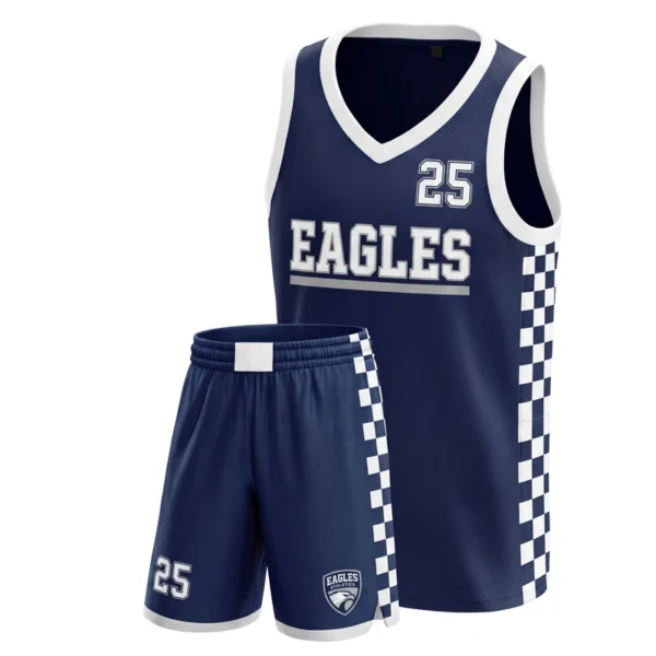 Custom basketball uniform - Eagles checkerboard side panel design in navy, jersey and matching shorts, design code CAP-BB-100