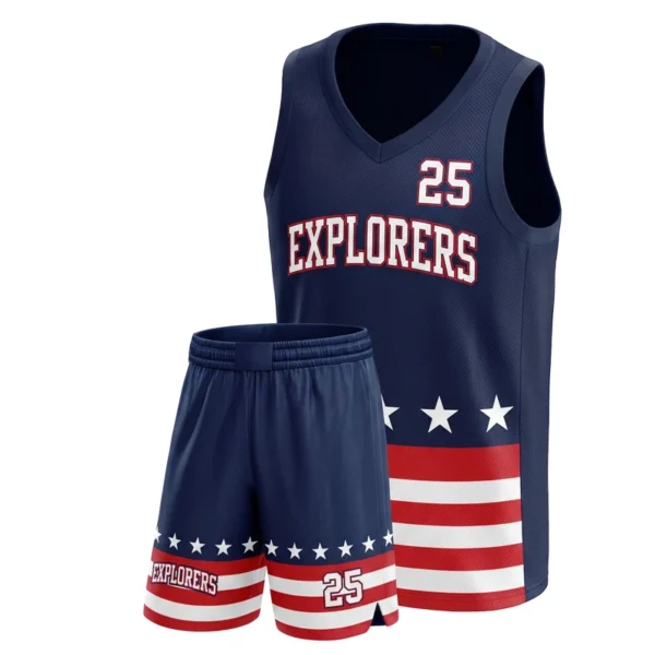 Custom basketball uniform - Explorers star and stripe hem block design in navy, jersey and matching shorts, design code CAP-BB-610