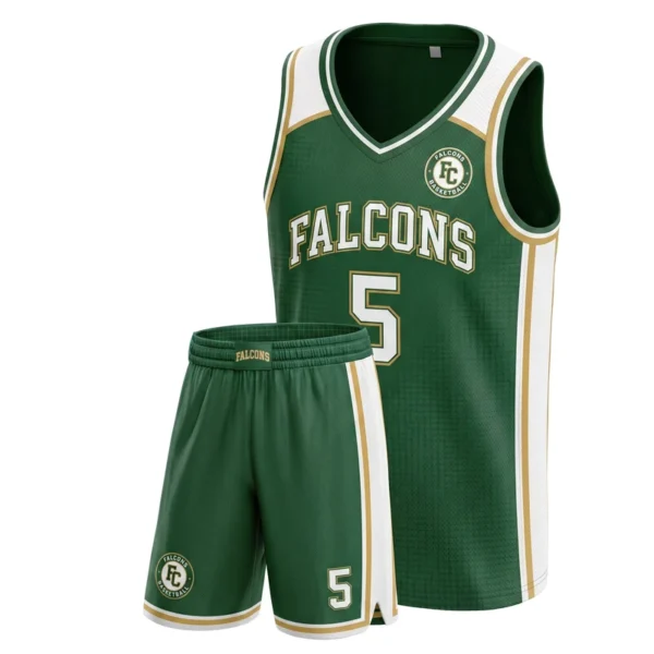 Custom basketball uniform - Falcons s design in forest green, jersey and matching shorts, design code CAP-BB-116