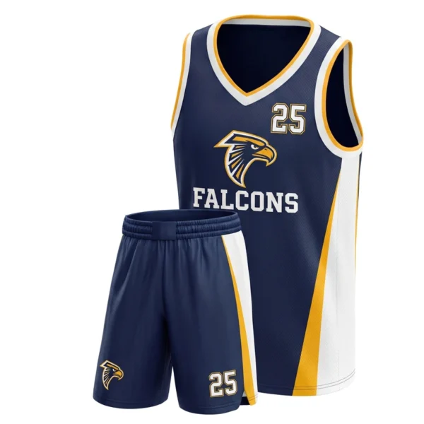 Custom basketball uniform - Falcons tapered wedge design in midnight navy, jersey and matching shorts, design code CAP-BB-112