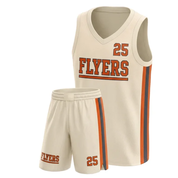 Custom basketball uniform - Flyers triple side stripe design in cream, jersey and matching shorts, design code CAP-BB-304