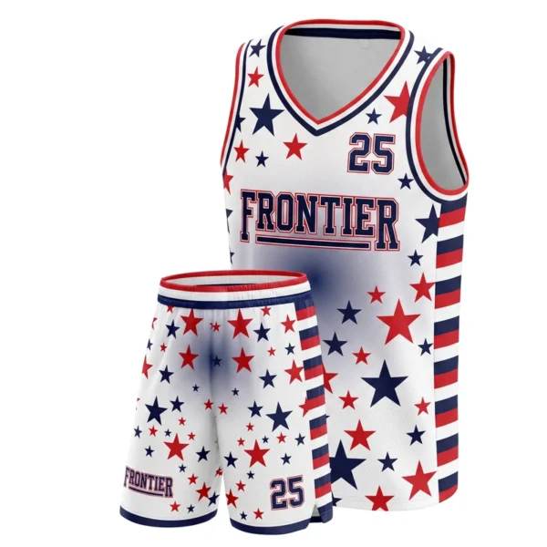 Custom basketball uniform - Frontier star scatter all-over design in white, jersey and matching shorts, design code CAP-BB-612