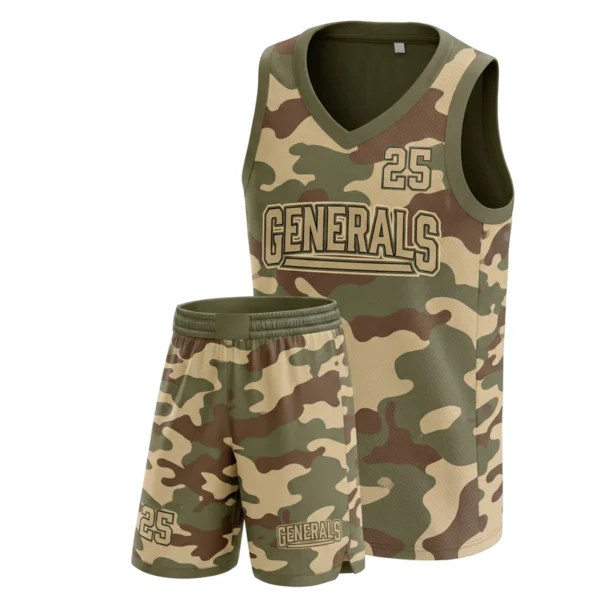 Custom basketball uniform - Generals classic woodland design in coyote tan, jersey and matching shorts, design code CAP-BB-502