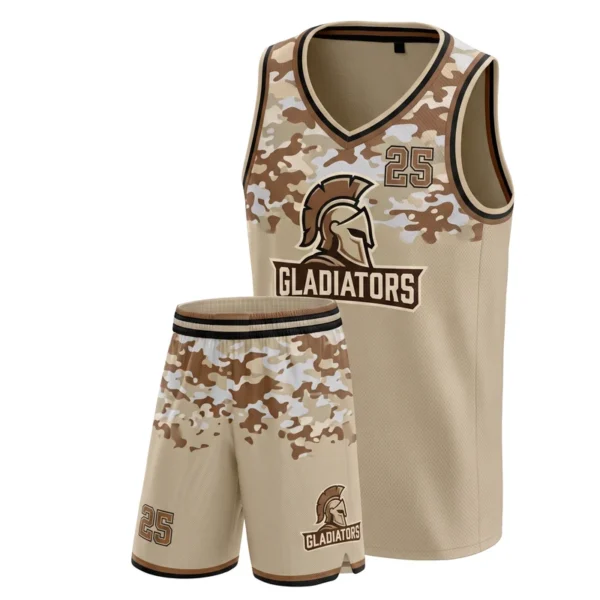 Custom basketball uniform - Gladiators desert camo yoke design in desert sand, jersey and matching shorts, design code CAP-BB-505