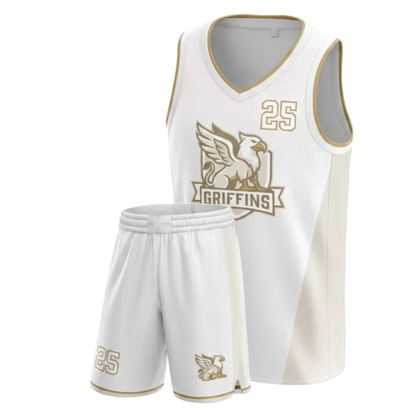 Custom basketball uniform - Griffins whiteout, tonal panel and gold line design in white, jersey and matching shorts, design code CAP-BB-411