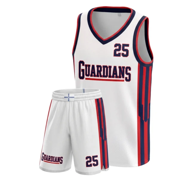 Custom basketball uniform - Guardians vertical stripe panel design in white, jersey and matching shorts, design code CAP-BB-608