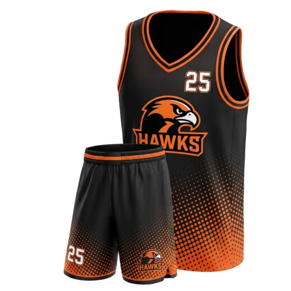 Custom basketball uniform - Hawks diagonal halftone sweep design in black, jersey and matching shorts, design code CAP-BB-211