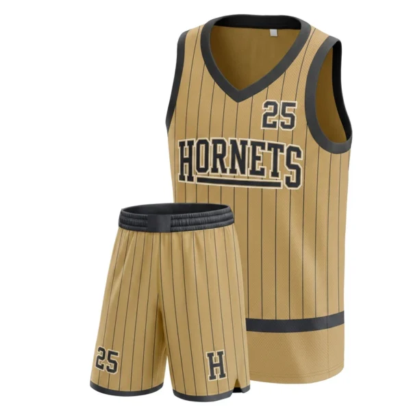 Custom basketball uniform - Hornets pinstripe and band design in old gold, jersey and matching shorts, design code CAP-BB-306