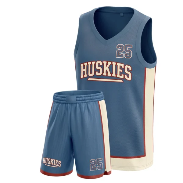 Custom basketball uniform - Huskies side panel and hem design in steel blue, jersey and matching shorts, design code CAP-BB-308