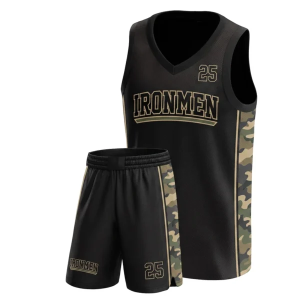 Custom basketball uniform - Ironmen camo side stripe design in black, jersey and matching shorts, design code CAP-BB-508