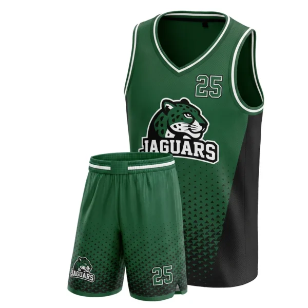Custom basketball uniform - Jaguars triangle halftone from the hem design in forest green, jersey and matching shorts, design code CAP-BB-205