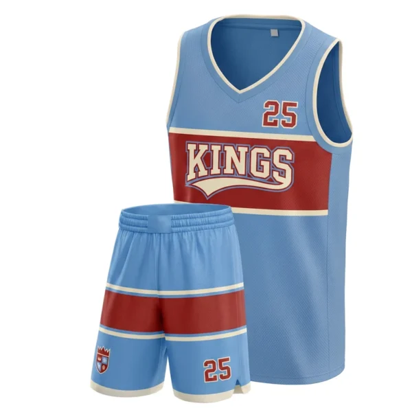 Custom basketball uniform - Kings chest band design in powder blue, jersey and matching shorts, design code CAP-BB-302