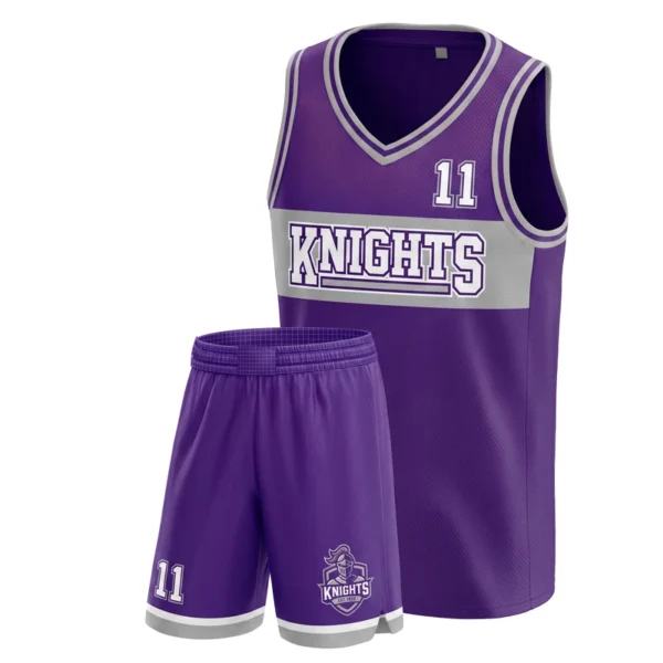 Custom basketball uniform - Knights chest band design in purple, jersey and matching shorts, design code CAP-BB-114