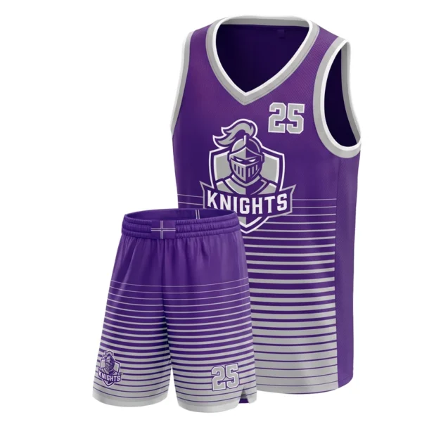 Custom basketball uniform - Knights horizontal bar fade design in purple, jersey and matching shorts, design code CAP-BB-209