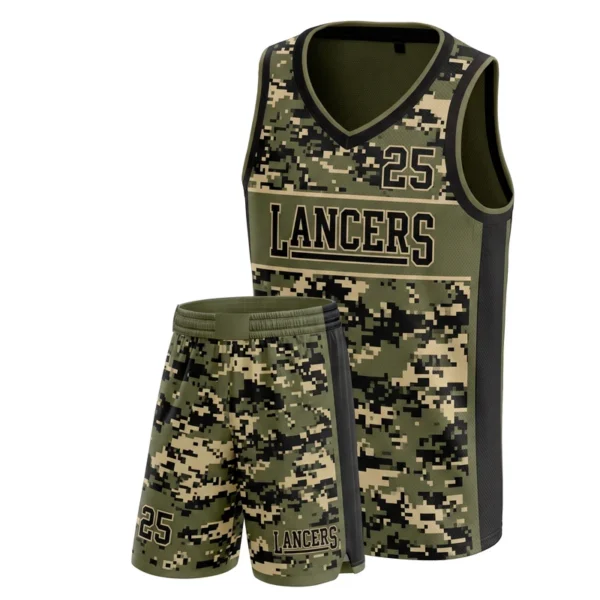 Custom basketball uniform - Lancers camo with solid chest panel design in olive, jersey and matching shorts, design code CAP-BB-506