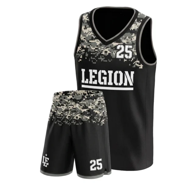 Custom basketball uniform - Legion stencil and camo design in black, jersey and matching shorts, design code CAP-BB-512
