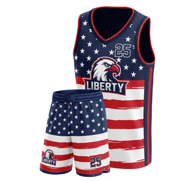 Custom basketball uniform - Liberty star and stripe split design in navy, jersey and matching shorts, design code CAP-BB-603