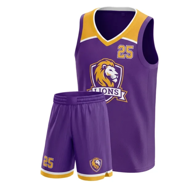 Custom basketball uniform - Lions shoulder yoke design in purple, jersey and matching shorts, design code CAP-BB-108
