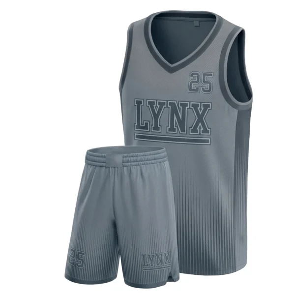 Custom basketball uniform - Lynx steel-out, tonal line fade design in steel gray, jersey and matching shorts, design code CAP-BB-412