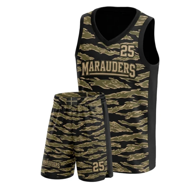 Custom basketball uniform - Marauders tiger stripe design in black, jersey and matching shorts, design code CAP-BB-504