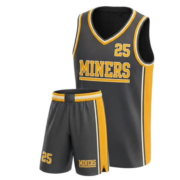 Custom basketball uniform - Miners bold single stripe design in charcoal, jersey and matching shorts, design code CAP-BB-311