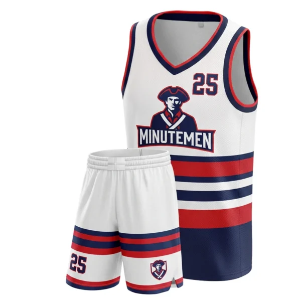 Custom basketball uniform - Minutemen stripe band hem design in white, jersey and matching shorts, design code CAP-BB-601