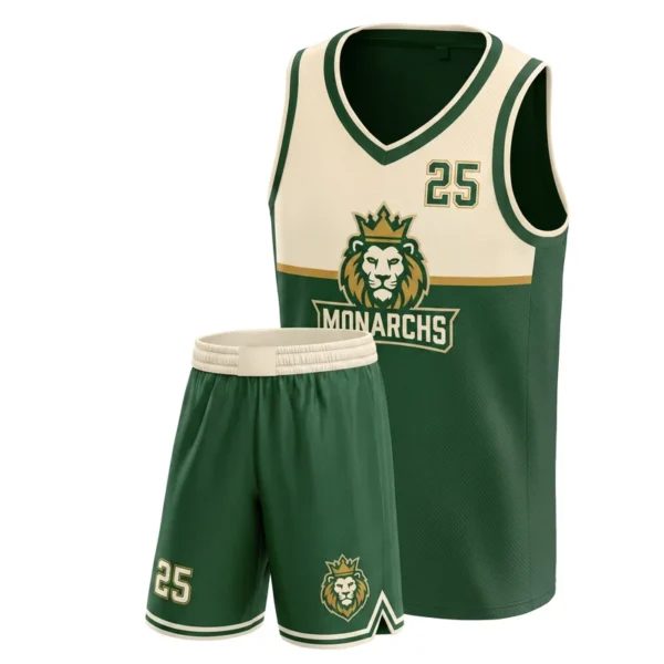 Custom basketball uniform - Monarchs block yoke design in forest green, jersey and matching shorts, design code CAP-BB-303