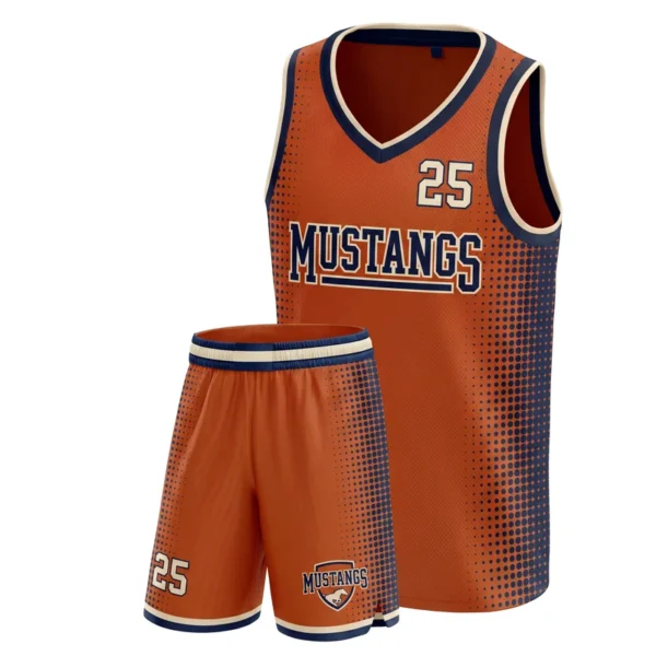 Custom basketball uniform - Mustangs dot halftone from both sides design in burnt orange, jersey and matching shorts, design code CAP-BB-210