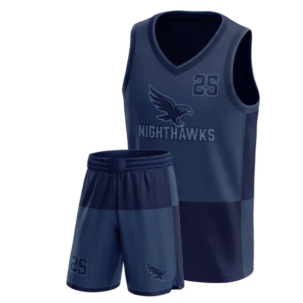 Custom basketball uniform - Nighthawks navy-out, tonal block design in midnight navy, jersey and matching shorts, design code CAP-BB-405
