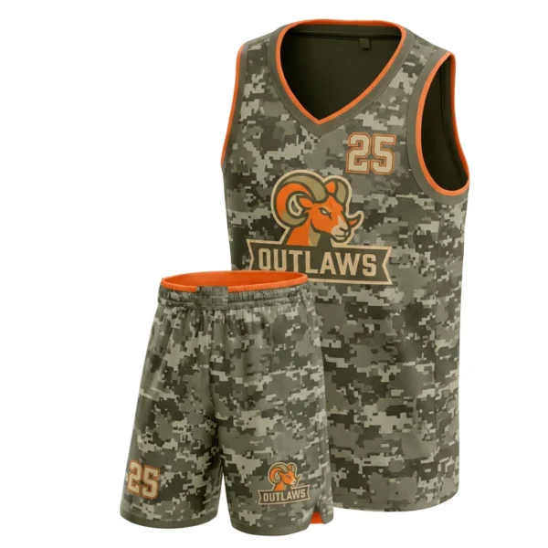 Custom basketball uniform - Outlaws tonal camo design in olive drab, jersey and matching shorts, design code CAP-BB-509