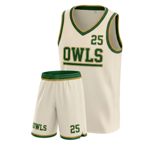 Custom basketball uniform - Owls banded waist and collar design in cream, jersey and matching shorts, design code CAP-BB-309