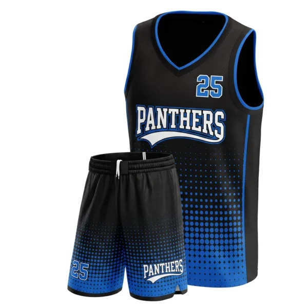 Custom basketball uniform - Panthers dot halftone rising from the hem design in black, jersey and matching shorts, design code CAP-BB-200