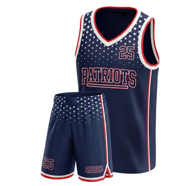 Custom basketball uniform - Patriots star field fade design in navy, jersey and matching shorts, design code CAP-BB-600