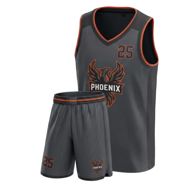 Custom basketball uniform - Phoenix greyout, ember trim design in charcoal, jersey and matching shorts, design code CAP-BB-409