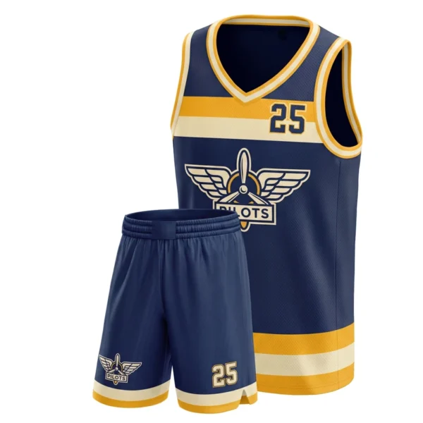 Custom basketball uniform - Pilots double arch band design in navy, jersey and matching shorts, design code CAP-BB-310