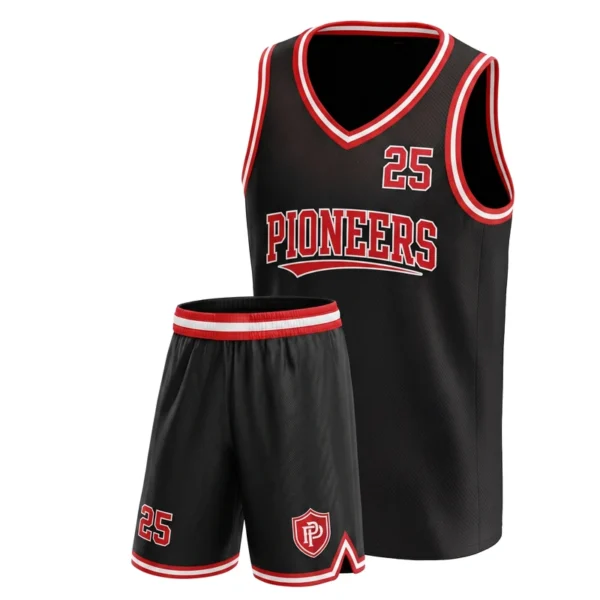 Custom basketball uniform - Pioneers layered trim design in black, jersey and matching shorts, design code CAP-BB-104