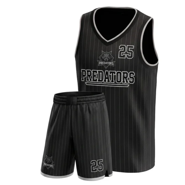 Custom basketball uniform - Predators blackout, tonal pinstripe design in black, jersey and matching shorts, design code CAP-BB-404