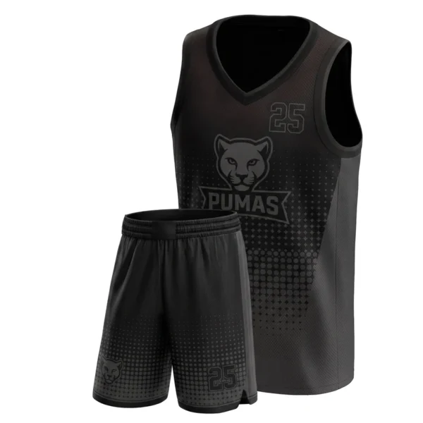 Custom basketball uniform - Pumas blackout, tonal dot fade design in black, jersey and matching shorts, design code CAP-BB-407