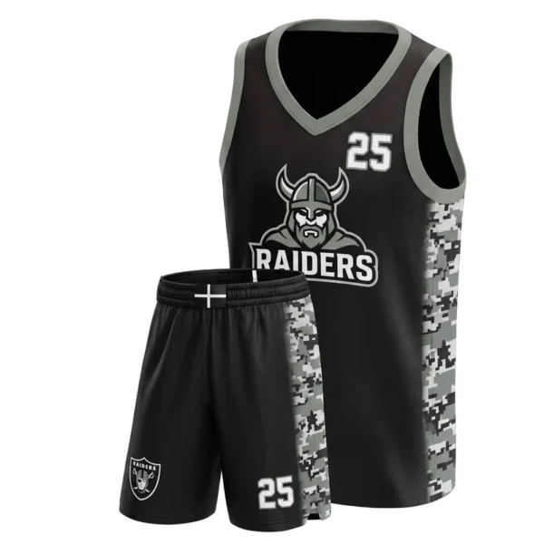 Custom basketball uniform - Raiders urban camo side panels design in black, jersey and matching shorts, design code CAP-BB-501