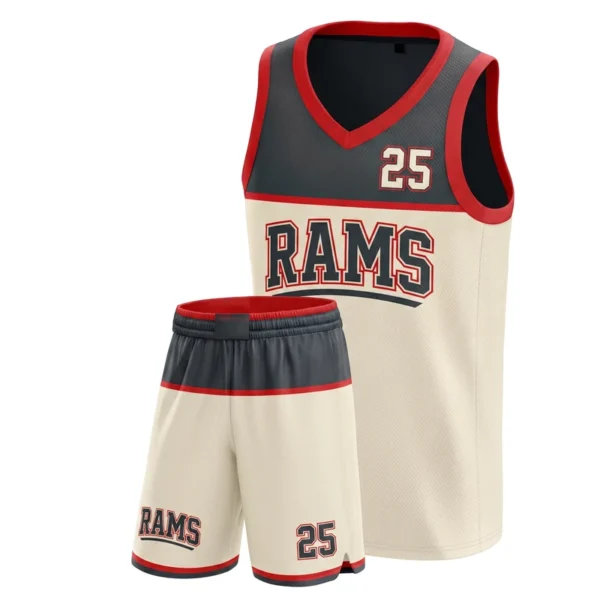 Custom basketball uniform - Rams two-tone block design in charcoal, jersey and matching shorts, design code CAP-BB-110