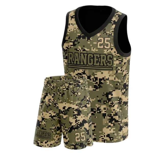 Custom basketball uniform - Rangers all-over digital camo design in olive drab, jersey and matching shorts, design code CAP-BB-500