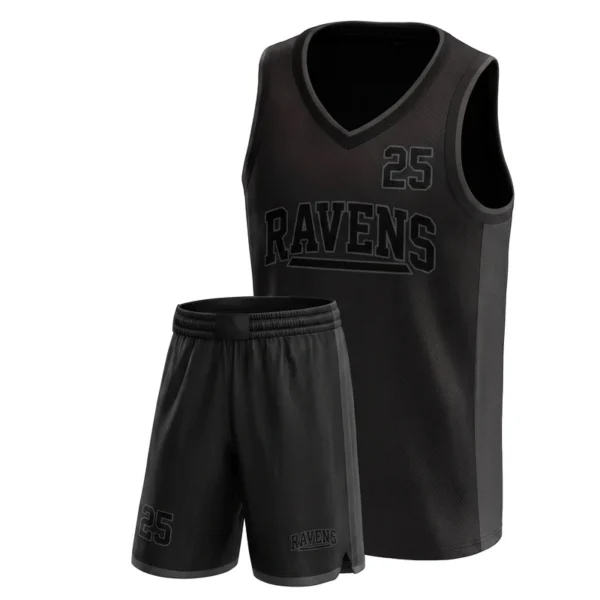 Custom basketball uniform - Ravens blackout, tonal side panel design in black, jersey and matching shorts, design code CAP-BB-400