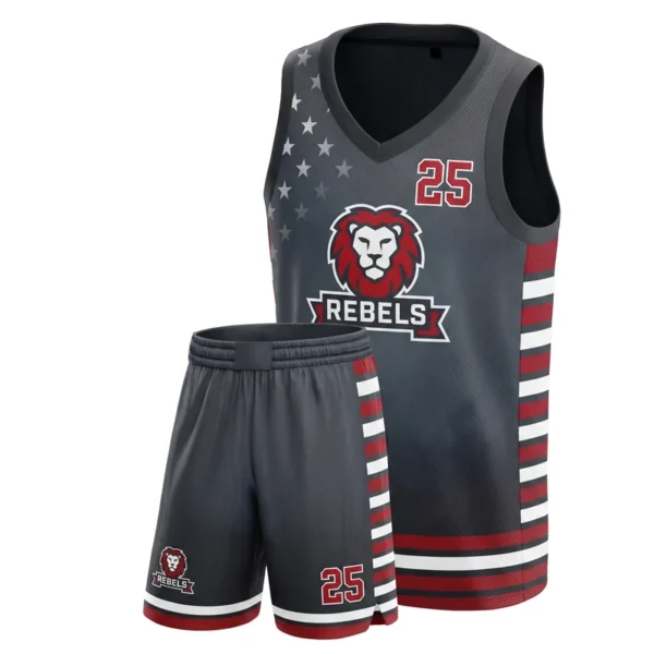 Custom basketball uniform - Rebels muted stars and bars design in charcoal, jersey and matching shorts, design code CAP-BB-609