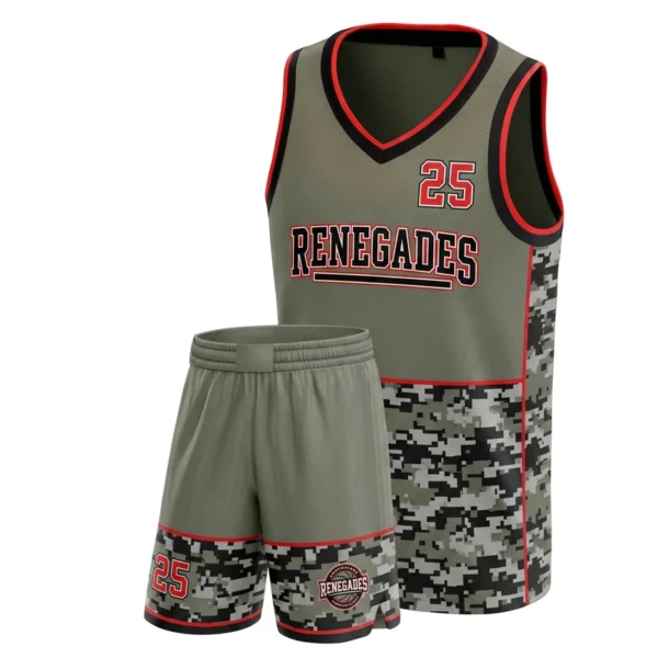 Custom basketball uniform - Renegades camo hem block design in field grey, jersey and matching shorts, design code CAP-BB-510