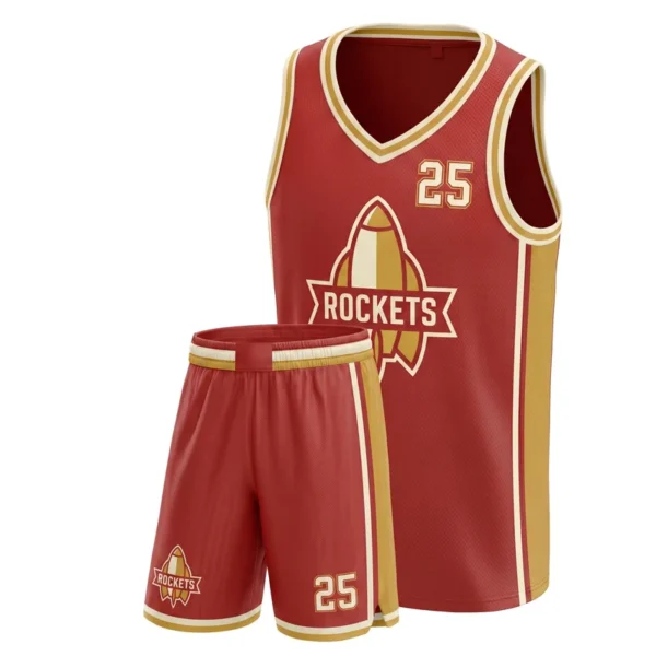Custom basketball uniform - Rockets wide side taping design in brick red, jersey and matching shorts, design code CAP-BB-301