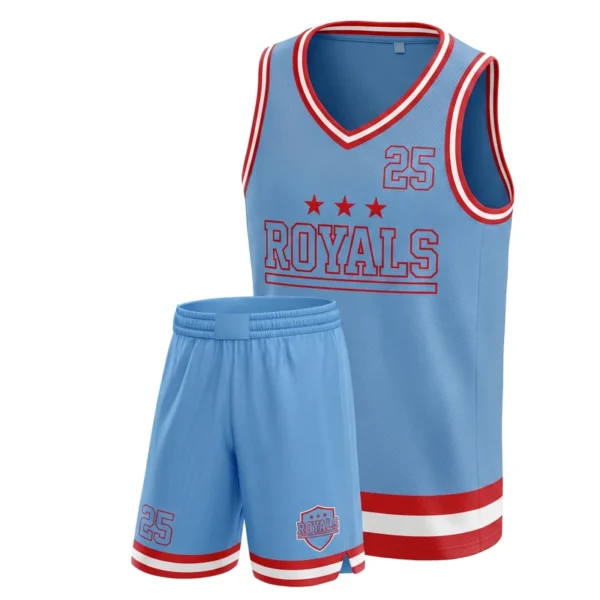 Custom basketball uniform - Royals throwback bands design in powder blue, jersey and matching shorts, design code CAP-BB-106